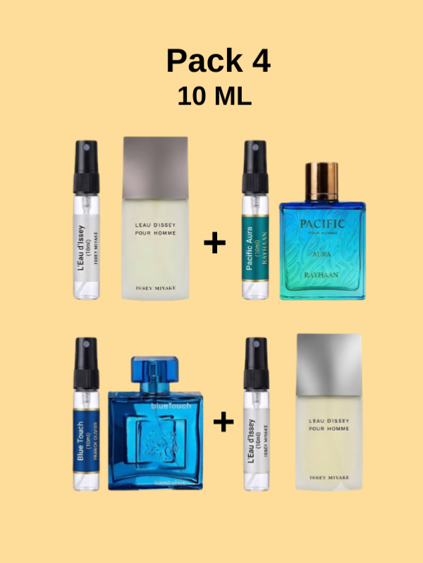 10 ml l'eau d'issey pour homme + 10 ml pacific aura + 10 ml blueTouch + 10 ml rich man aqua